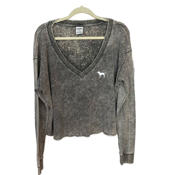 Victoria's Secret Pink Waffle Knit Top Tee Medium Taupe Gray Cropped Long Sleeve - Picture 1 of 8